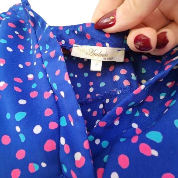 Womens S Andree by UNIT Butterfly Sleeve Blue Coquette Polka Dot Clowncore Top - Picture 4 of 7